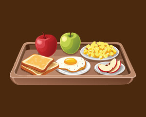 A Breakfast Tray with Fried Eggs, Toast and an Apple - Vector Illustration