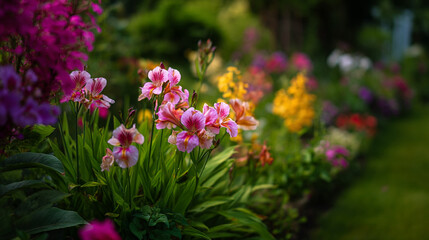 Obraz premium A vibrant garden scene featuring a variety of colorful flowers in full bloom and lush green foliage