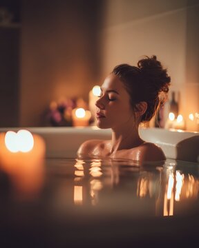 Person enjoying relaxing bath with candles and aromatherapy oils, luxurious bathroom setting with soft ambient lighting, shot with 85mm lens, wellness spa color grading emphasizing warm candlelight 