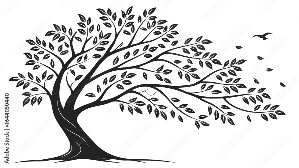 Aufkleber silhouette of a windswept tree with leaves blowing and a bird in flight against a white background