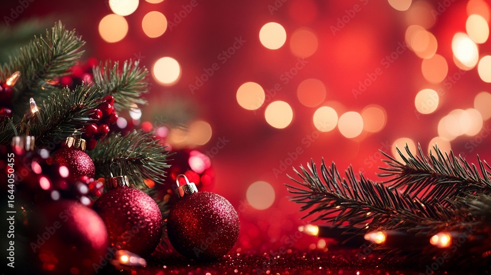 Poster festive christmas scene with sparkling red ornaments and pine branches, creating a warm and magical 