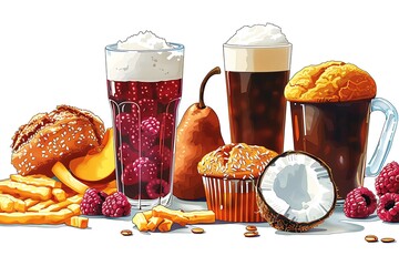 Vibrant Still Life:  Delicious Muffins, Creamy Drinks, and Fresh Fruit in a Whimsical, Cartoon Style.