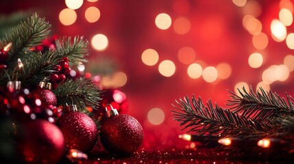 Festive Christmas scene with sparkling red ornaments and pine branches, creating a warm and magical holiday atmosphere with soft bokeh lights in background