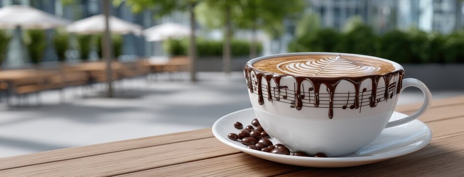 Enjoying a beautifully crafted coffee with chocolate drizzle and musical notes, perfect for a relaxing afternoon at an outdoor cafe