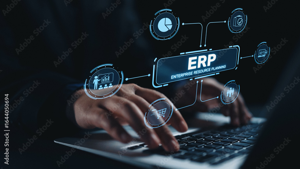 Poster erp platform visual showing centralized system for enterprise resource planning, improving integrati