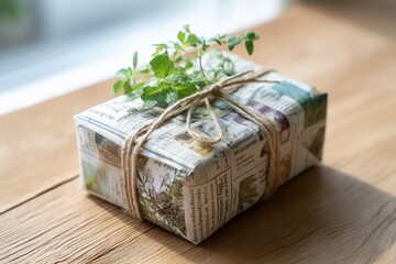 Fototapeta premium Gift wrapped in newspaper with twine and fresh herbs placed on a wooden surface