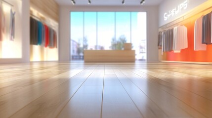 Minimalist clothing boutique interior with soft natural light, sleek wooden floors, and colorful garment displays creating an elegant and inviting retail shopping environment