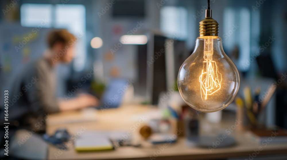 Poster illuminated lightbulb hanging above a desk with a person working on a laptop in the background