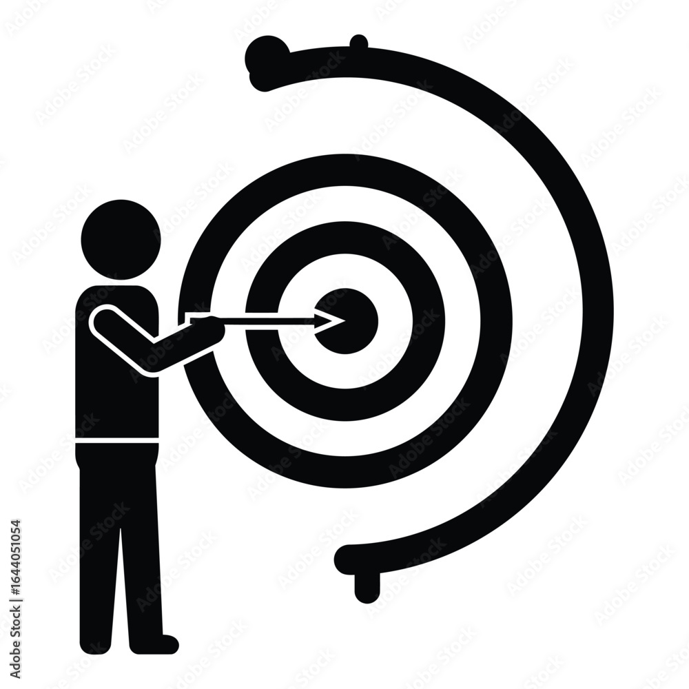 Poster stick figure aiming arrow at concentric circle target with curved outer frame goal success