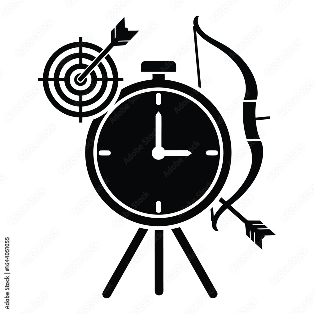 Poster stopwatch with bow arrow and target symbol on tripod clock time