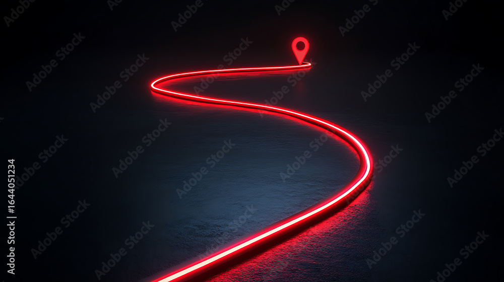 Poster red illuminated path leads to a location pin on a dark surface suggesting destination or route