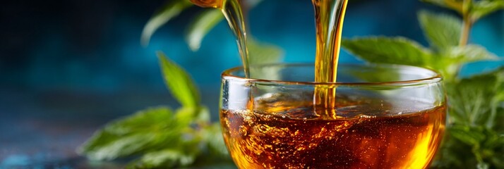 Golden streams of tea cascade into a crystal-clear glass, creating a mesmerizing liquid dance against a backdrop of vibrant green leaves and deep blue tones.