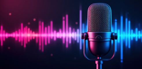 Vintage microphone with vibrant soundwave visualization