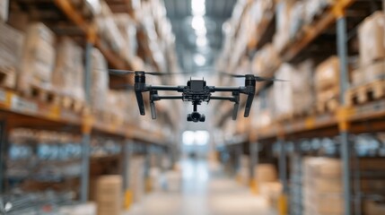 Medium shot capturing a 360camera mounted on a drone flying through a warehouse for remote compliance checks main drone and camera in sharp focus outoffocus storage racks behind.