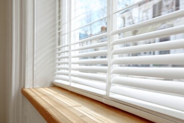 Obraz premium Wooden blinds on large windows, sunlight. Elegant living room interior with windowsill, wood blinds. Motorized jalousie in the smart house. Modern window shutters, roller. Duo system day and night.