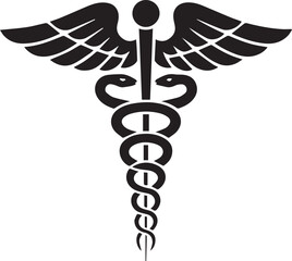 Golden caduceus medical symbol with wings and intertwined snakes on a white background, a common icon for healthcare and pharmacy