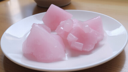 Close up of a white plate with three pieces of pink gelatin dessert on a wooden surface table top