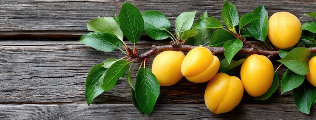 Freshly harvested peaches and apricots arranged on a rustic wooden surface with vibrant green leaves in natural lighting