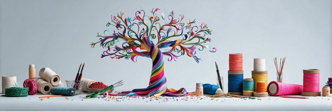 Vibrant artistic tree of creativity blooming with colorful threads, surrounded by crafting supplies, paintbrushes, and yarn in a inspiring workspace of imagination and artistic expression