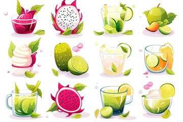 Refreshing Tropical Fruit Drinks:  Vibrant Cartoon Style, Summer Mood, Menu Design Elements