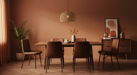 modern dining room with earthy terracotta tones