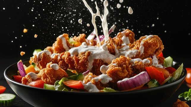 Ranch dressing splashing dynamically onto a bowl of crunchy veggies and fried chicken, adding texture and vibrance, isolated on black background,