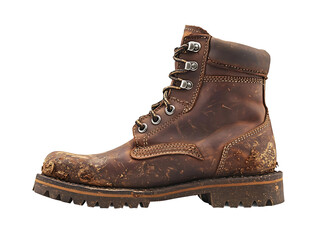 Dirty brown leather work boot isolated on transparent background