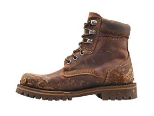 Dirty brown leather work boot isolated on transparent background