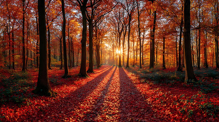Autumn forest path bathed in golden sunlight casting long shadows image