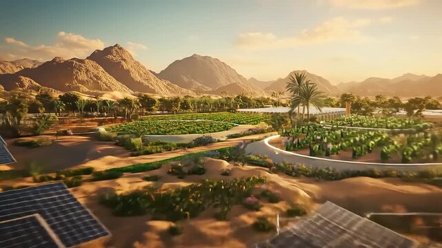 Solar panels and lush greenery thrive in a desert landscape with mountains in the background