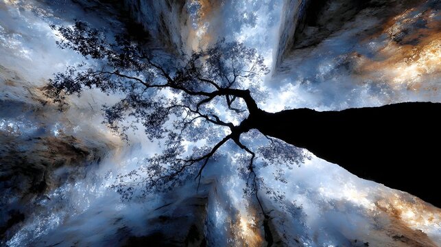 Low-angle sunlit tree, forest canyon, dramatic sky, nature poster