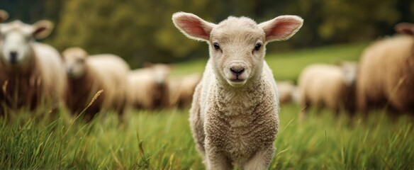 Obraz premium The adorable lamb standing in a green pasture surrounded by its flock.