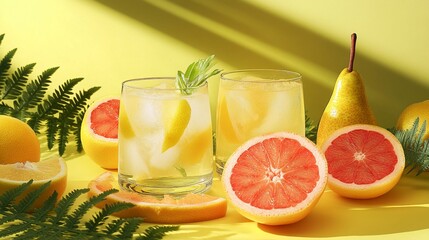 Fototapeta premium Refreshing summer drinks featuring citrus fruits like grapefruit and lemon, set against a vibrant yellow background with greenery, perfect for a cheerful vibe.