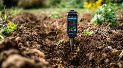 Smart soil sensor monitoring agricultural conditions in a lush garden, providing real-time data on moisture, nutrients, and environmental parameters for precision farming.