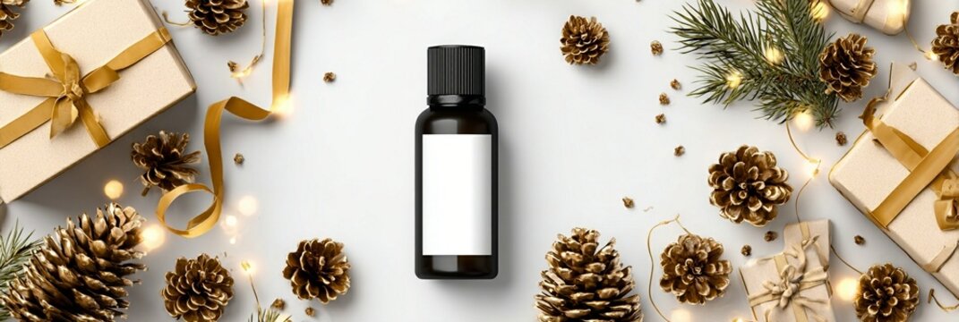 Elegant winter holiday product mockup with essential oil bottle surrounded by golden gift boxes, pine cones, and festive decorative elements