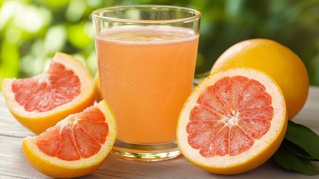 Fresh grapefruit juice in a clear glass, surrounded by ripe, juicy halved grapefruits on a rustic wooden surface with soft green background - Powered by Adobe