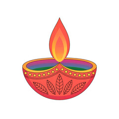 Single cartoon-style Diwali diya with vibrant rainbow colors and leaf motifs lamp oil lamp isolated on a transparent background