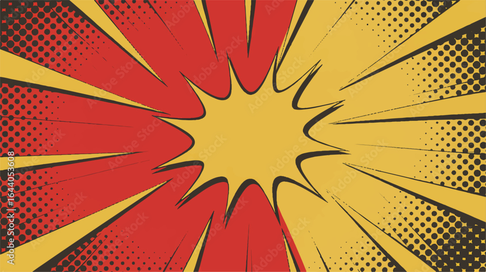 Poster dynamic comic book style explosion background with halftone dots and radial lines for impactful grap