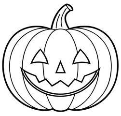 A carved orange Halloween pumpkin, or jack-o'-lantern, with a spooky face smiles in the autumn season