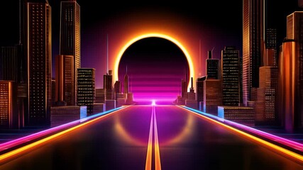 Futuristic Neon Cityscape at Sunset with Vibrant Lights and Reflective Highway - Powered by Adobe