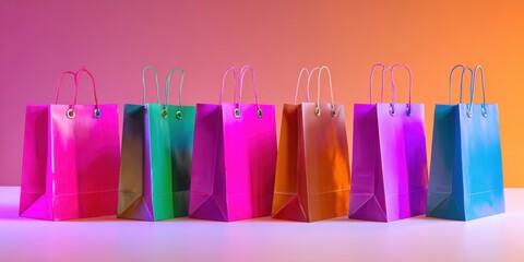 The colorful arrangement of stylish shopping bags against a vibrant background.