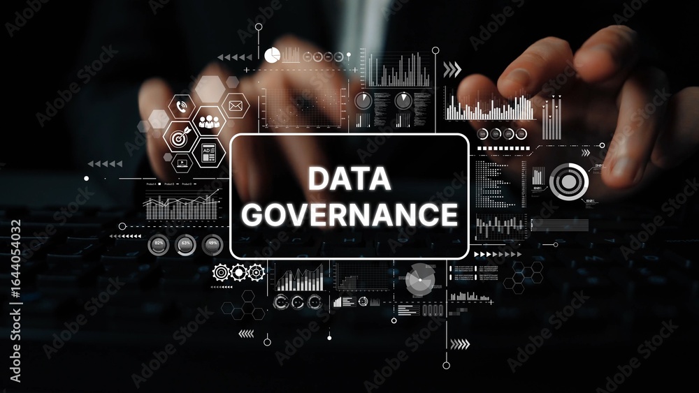 Aufkleber data governance concept with research and analytical tools for modern business management. asymptoti