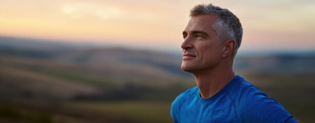The confident man enjoying a peaceful sunset in a scenic outdoor landscape.