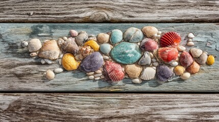 Colorful array of seashells arranged on wooden surface by the beach at sunset