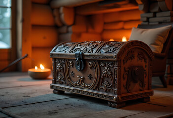 A rustic masterpiece: an intricately carved bear chest for a unique and cozy home decor.