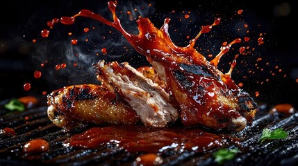 Rich barbecue sauce splattering onto a juicy grilled chicken wing, emphasizing a smoky, hearty flavor, isolated on a black background,