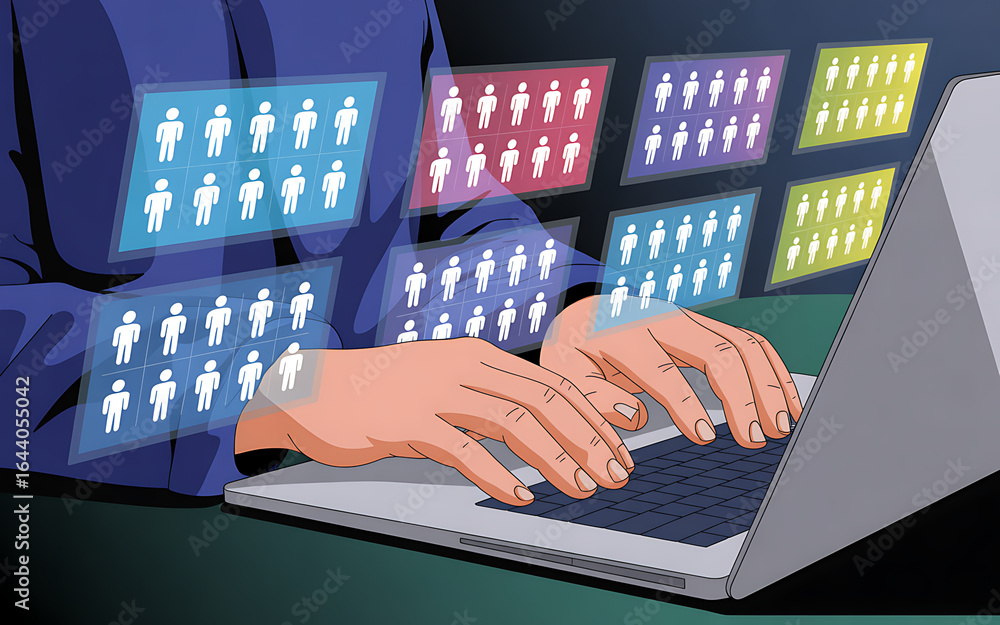 Poster person using laptop with multiple profile screens displayed