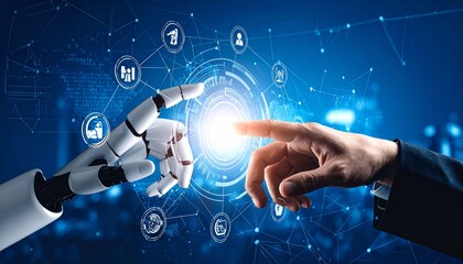 Futuristic artificial intelligence robot and human hand connecting over a glowing virtual network interface.