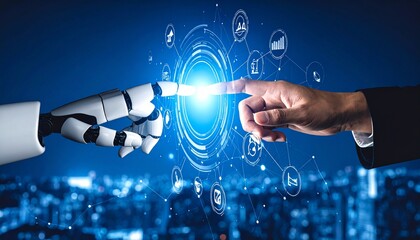 Futuristic artificial intelligence concept with a robot and human hand interacting over a digital data interface, symbolizing collaboration and innovation.