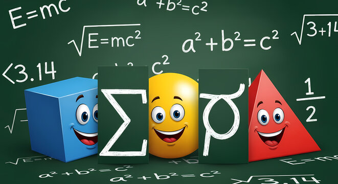 Smiling 3D Geometric Shapes & Math Symbols on Chalkboard for Fun Education